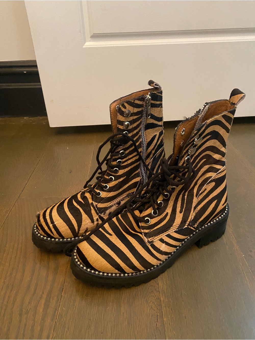 Zebra-Print Lace-Up Combat Boots - Tan/Black